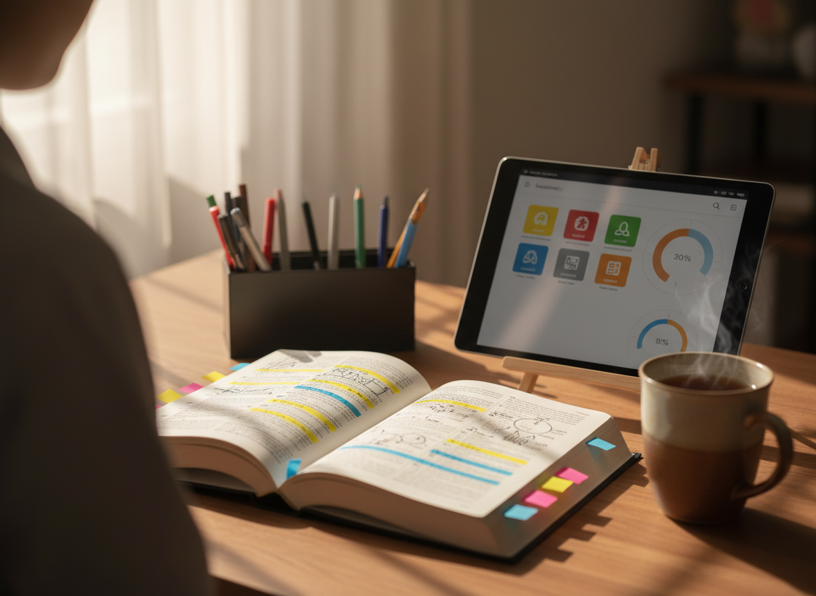 A close-up, over-the-shoulder style view of a thoughtfully arranged desk illustrating “Documented Learning: Process Over Product in the Age of AI,” depicted in photographic realism without showing people. An open, unbranded hardcover book rests at the center, its pages filled with diagrams, margin highlights, and small sticky flags marking key ideas. Beside it, a tablet displays an abstract dashboard of learning artifacts—color blocks, icons, and progress arcs—hinting at AI-supported assessment dashboards without readable text. A pen tray with fine-tip markers and a ceramic mug of tea add warmth. Soft morning light from a nearby window falls diagonally across the desk, creating gentle shadows and a reflective sheen on the tablet. Shot at a slightly elevated angle with a shallow depth of field, the mood is reflective, scholarly, and approachable, emphasizing practical strategy and deep thinking.