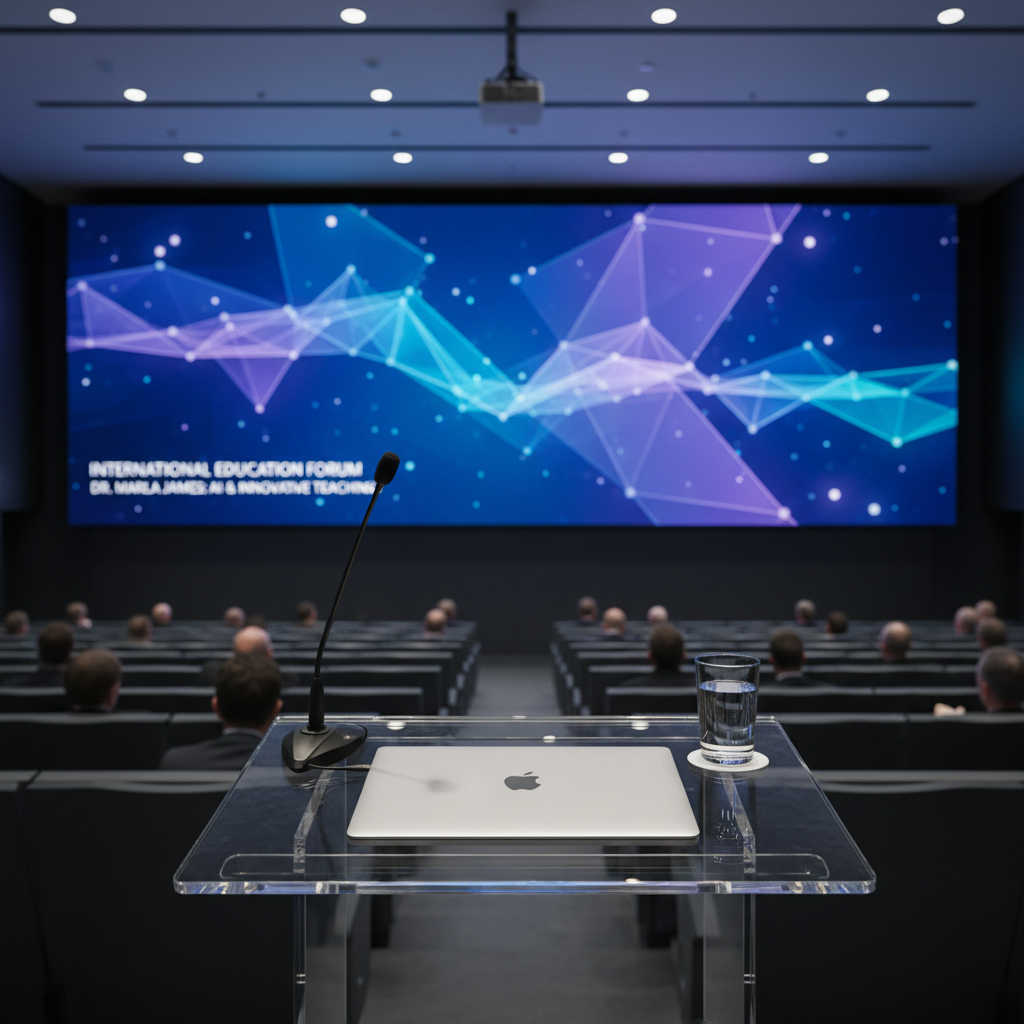 A polished, minimalist lecture hall scene symbolizing an international education conference, captured in clean photographic realism. In the foreground, a clear acrylic podium holds a thin laptop and a single wireless microphone, with a glass of water catching subtle reflections. Behind it, a large wall-sized screen displays an abstract visualization of AI in education: soft, interconnected geometric shapes glowing in gradient blues and purples. The room features tiered seating rendered as softly blurred forms, suggesting an attentive audience without showing people. Cool, balanced overhead lighting combines with a faint wash of stage spotlights, casting gentle shadows and a sense of importance. Composed using the rule of thirds from a slightly elevated angle, the atmosphere feels professional, aspirational, and global, reflecting Dr. Marla James’ role as an international speaker on innovative teaching.