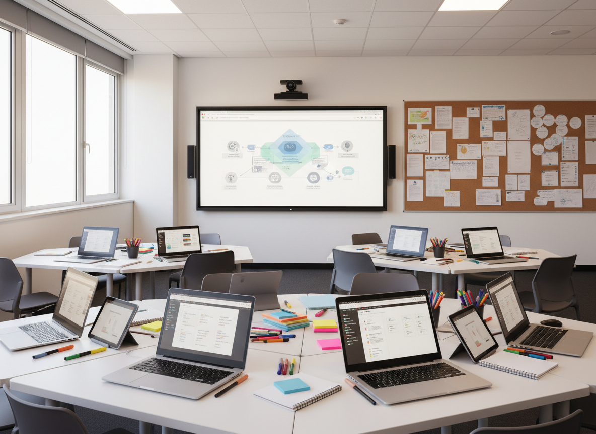 An inviting, technology-rich classroom environment that embodies authentic, AI-informed learning, shown in detailed photographic realism. Individual student desks are replaced by flexible white tables grouped in clusters, each holding open laptops, tablets with digital ink notes, and colorful analog tools like sticky notes, sketchpads, and markers. On one wall, a large interactive display shows layered diagrams of a project-based learning process, while an adjacent corkboard overflows with printed drafts, concept maps, and annotated rubrics, making thinking visible without using legible text. Soft, even overhead LED lighting combines with natural window light, creating a bright, energetic yet calm atmosphere. Captured from a wide, slightly elevated angle with sharp focus throughout, the composition highlights collaboration-ready spaces and the integration of AI tools as everyday supports for meaningful assessment and student voice.