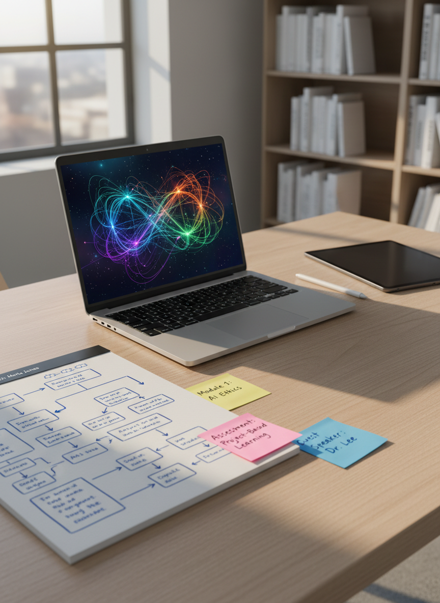 A sleek, contemporary educator’s workspace designed to represent Dr. Marla James’ approach to AI literacy, viewed in photographic realism. A slim silver laptop displays an abstract, colorful neural network diagram with flowing, luminous lines, while an open notebook filled with neatly sketched flowcharts and arrows sits beside it. Sticky notes and a tablet with a stylus suggest ongoing lesson planning. The desk is a light ash wood surface near a large window, with diffused afternoon daylight creating soft highlights on the technology and gentle shadows under the objects. In the blurred background, shelves of well-organized books on pedagogy and assessment create depth. Shot at eye level with a shallow depth of field, the mood is professional, focused, and quietly innovative, emphasizing thoughtful, modern teaching practice.